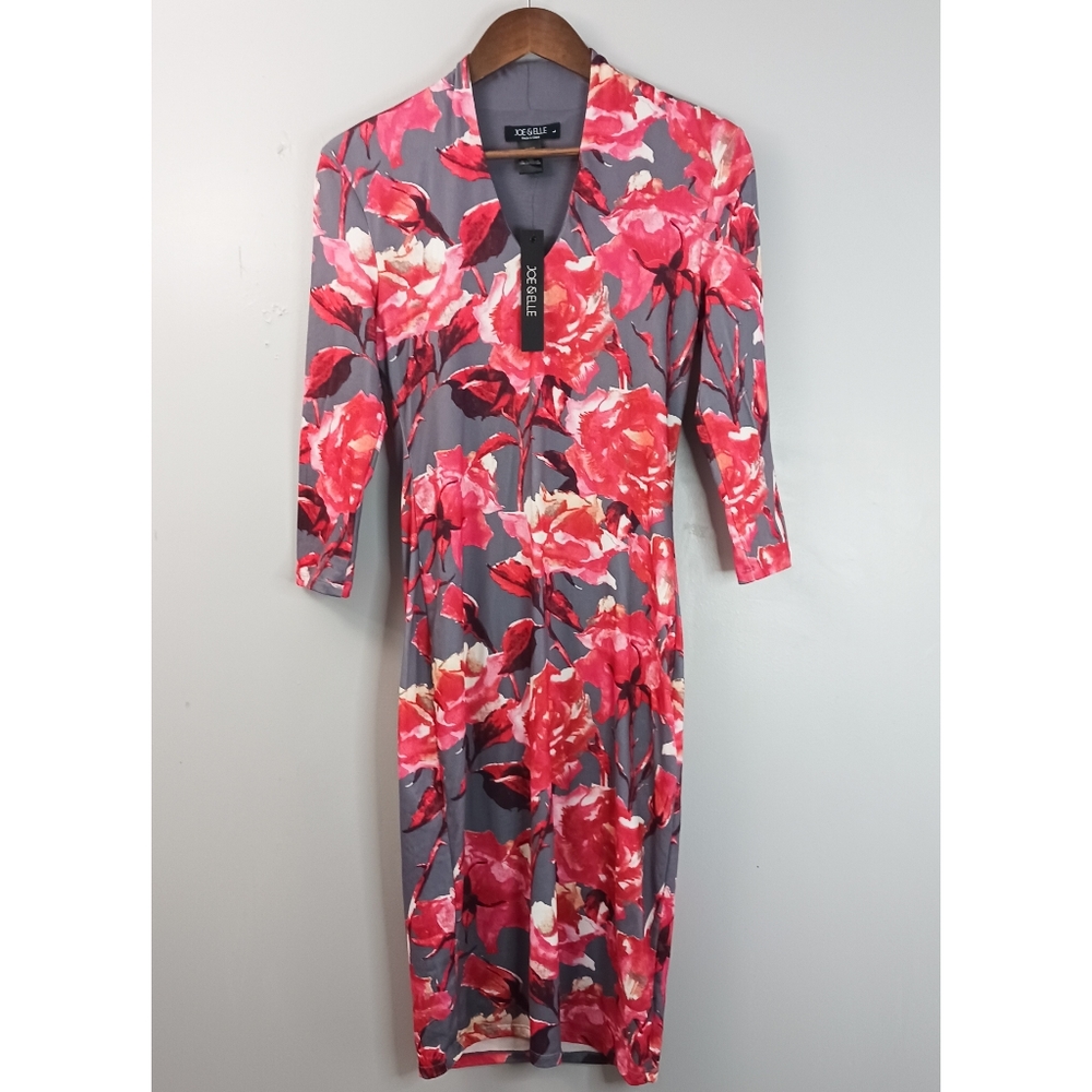 New Joe & Elle Floral Midi Dress Women's Size L Gray Red Fitted 3/4 Sleeve